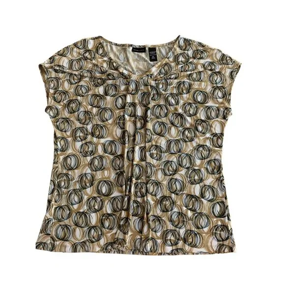 New York & Company Womens Stretch Top Beige & Black Circles Pattern Short Sleeve - Picture 7 of 10